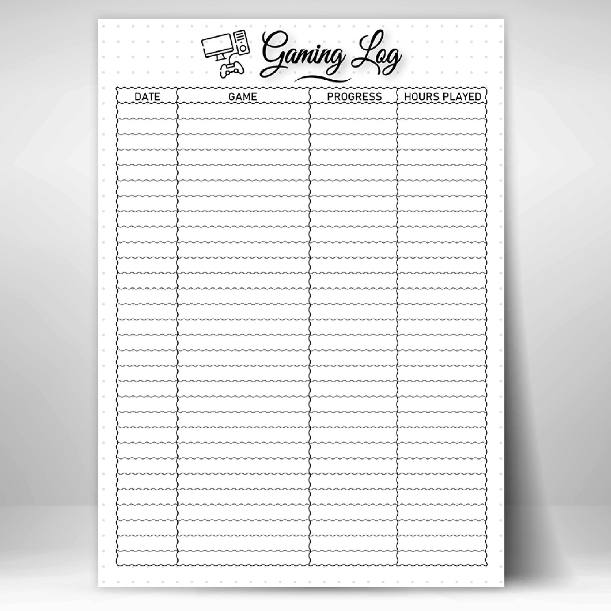 Gaming Log A4 Journal Page Printable Monthly Tracker Video Game Log