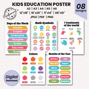 Paquete educativo de 8 piezas para preescolar, póster para el aula de aprendizaje, impresión para el aprendizaje en el hogar, decoración infantil con arcoíris, arte de pared infantil Montessori neutro
