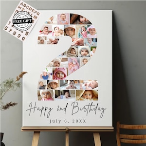 Modèle modifiable de collage de photos sur toile numéro 2 d'anniversaire | Panneau jalon photo | Cadeau personnalisé pour 2e anniversaire | Poster photo du 2e anniversaire