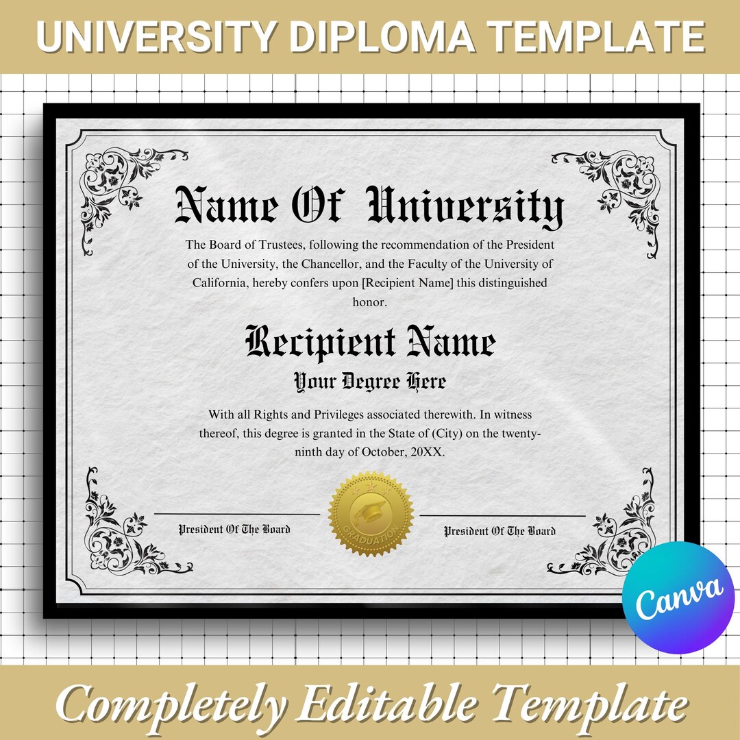 Editable University Diploma Template: Custom Graduation Certificate ...