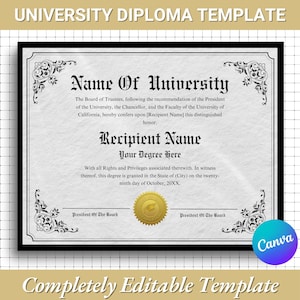 Editable University Diploma Canva Template |Custom College Diploma |Graduation Certificate Template |Degree Template |Completion Template
