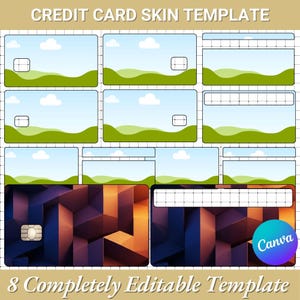 Peut inclure: Un mod&egrave;le de skin de carte de cr&eacute;dit avec un fond quadrill&eacute;. Le texte sup&eacute;rieur indique "CREDIT CARD SKIN TEMPLATE". L'image montre plusieurs mod&egrave;les de cartes de cr&eacute;dit avec un paysage et un design g&eacute;om&eacute;trique. Le texte inf&eacute;rieur indique "8 Completely Editable Template".