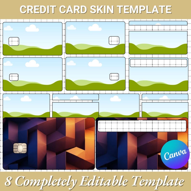 Peut inclure: Un mod&egrave;le de skin de carte de cr&eacute;dit avec un fond quadrill&eacute;. Le texte sup&eacute;rieur indique "CREDIT CARD SKIN TEMPLATE". L'image montre plusieurs mod&egrave;les de cartes de cr&eacute;dit avec un paysage et un design g&eacute;om&eacute;trique. Le texte inf&eacute;rieur indique "8 Completely Editable Template".