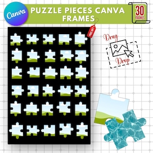 Puede incluir: Gráfico con marcos de piezas de rompecabezas con imágenes de paisajes y cielos. El texto dice "Puzzle Pieces Canva Frames" y "30 Frames". También se incluye un gráfico de "Arrastrar y soltar".