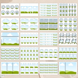以下が含まれることがあります： 青い空、白い雲、緑の草が描かれたさまざまなデザインの印刷可能なデジタルペーパーのセット。デザインには、円、正方形、長方形、タグが含まれています。