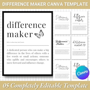 Puede incluir: Una plantilla Canva imprimible en blanco y negro con el texto "difference maker" y una definición de la palabra. La plantilla incluye un gráfico de mariposa y un símbolo de corazón.