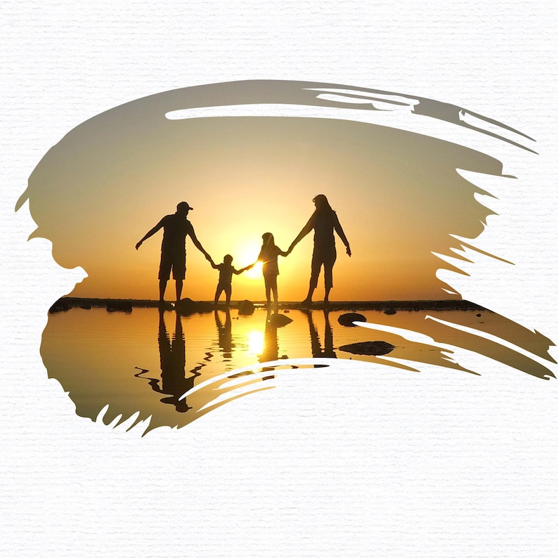 May include: Silhouette of a family of four standing on a beach at sunset. The family is holding hands and walking towards the water. The sun is setting in the background, casting a warm glow on the scene.