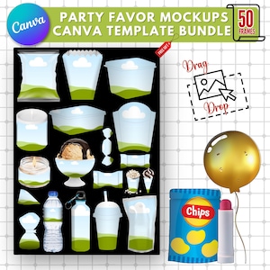 Party Favors Mockup Bundle |Custom Birthday Party Favor Valentine Party Favor |DIY Juice Pouch Chip Bag Canva Frame Mockup Template