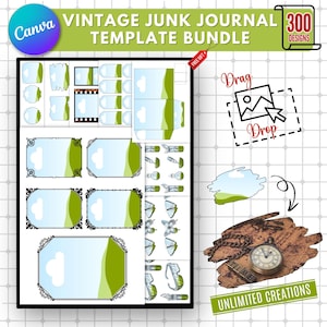 300 Editable Vintage Junk Journal Template |Vintage Frame |Envelope | Tag | Cards |tickets |elements |Editable Canva Template | DIY Journal