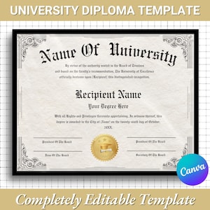 Editable University Diploma Canva Template |Custom College Diploma |Graduation Certificate Template |Degree Template |Completion Template