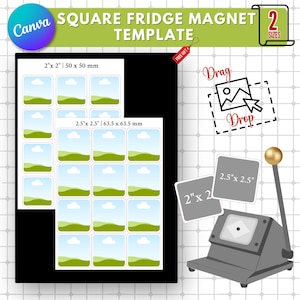 Peut inclure: Un modèle pour créer des aimants de réfrigérateur carrés en deux tailles : 5 cm sur 5 cm (2 pouces sur 2 pouces) et 6,35 cm sur 6,35 cm (2,5 pouces sur 2,5 pouces). Le modèle présente un motif avec des collines vertes, un ciel bleu et des nuages blancs. Le texte "Glissez-déposez" est inclus dans l'image.