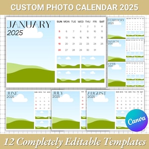 2025 Custom Photo Calendar Templates | Sunday to Monday |Personalized Gift Calendars | Calendar Editable Canva Templates |Resell your design