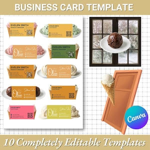 May include: A business card template featuring various designs with ice cream cones and scoops. The cards display names, titles, and contact information. The text "BUSINESS CARD TEMPLATE" and "10 Completely Editable Templates" are visible.