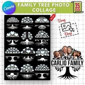 May include: A black and white family tree photo collage design with 35 design options. The design includes tree silhouettes with heart-shaped leaves and space for photos. The text "FAMILY TREE PHOTO COLLAGE" is at the top.