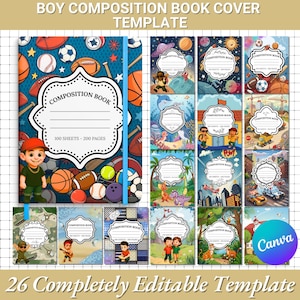 May include: A collection of composition book covers with various designs. The covers feature sports equipment, outer space, dinosaurs, and other illustrations. Each cover has a white label for the title and a blue elastic band. The text "BOY COMPOSITION BOOK COVER TEMPLATE" is at the top.