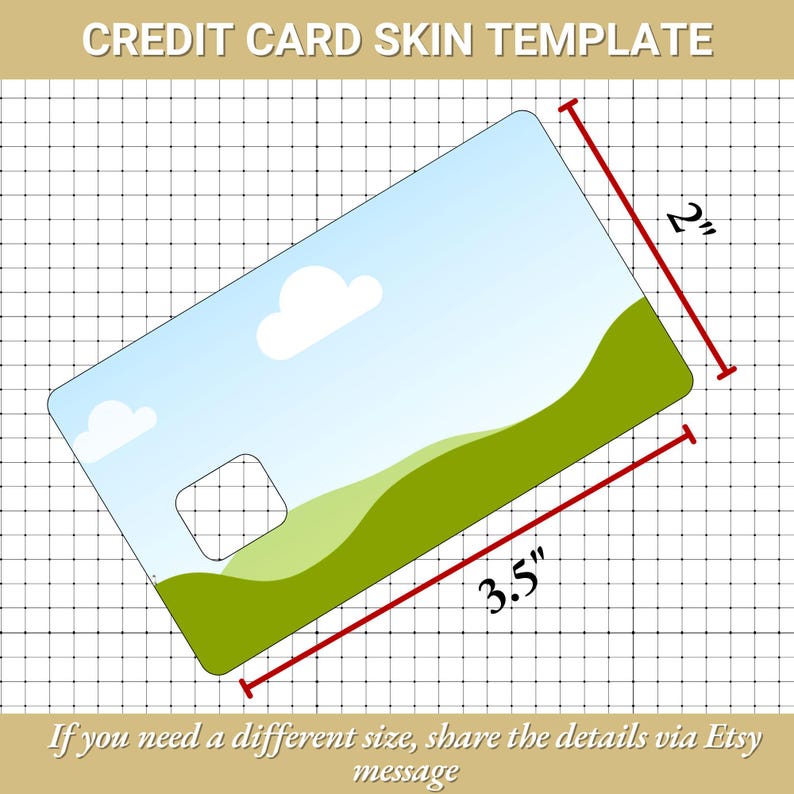 Peut inclure: Mod&egrave;le de skin pour carte de cr&eacute;dit avec un paysage. Le skin mesure 8,89 cm sur 5,08 cm. Le design pr&eacute;sente un ciel bleu avec des nuages et des collines vertes. Le texte en haut indique "CREDIT CARD SKIN TEMPLATE".