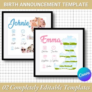 Birth Announcement Template |Editable + Printable Canva Template |Custom Newborn Welcome Card |Personalized Birth Stats Invitation Card