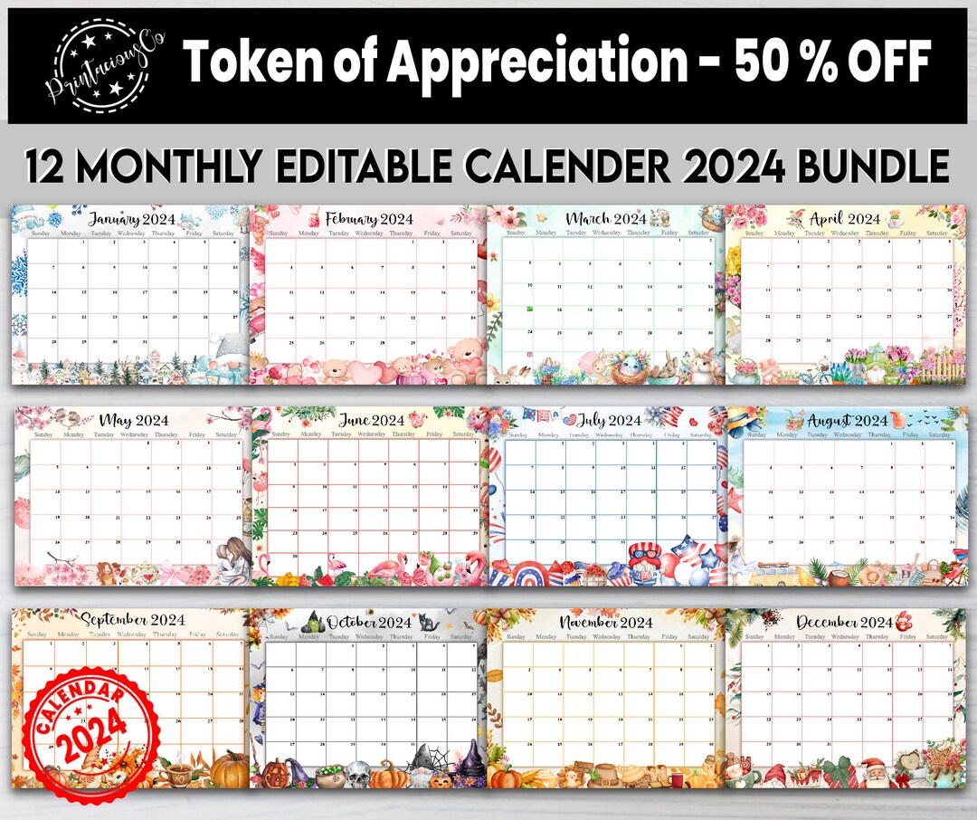 Editable 2024 Wall Calendar Bundle: Monthly Planner (digital Download ...