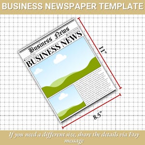 Pu&ograve; includere: Un modello di giornale aziendale con il titolo "Business News". Il design include un cielo e un paesaggio. Il giornale misura 21,6 cm per 27,9 cm. Il testo in basso dice "If you need a different size, share the details via Etsy message."