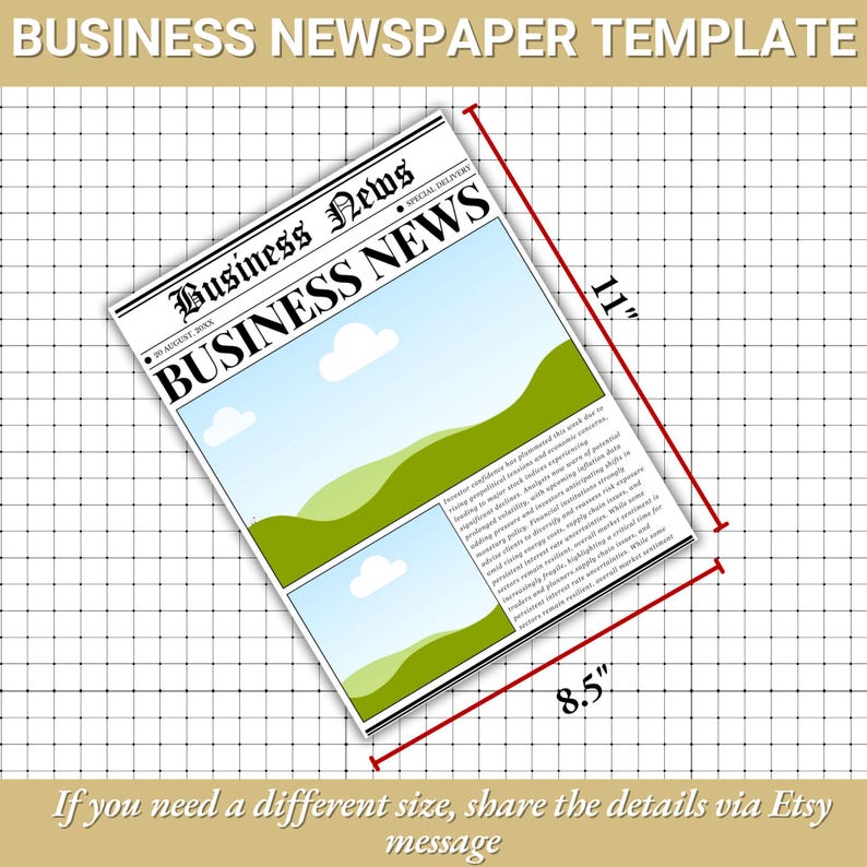 Pu&ograve; includere: Un modello di giornale aziendale con il titolo "Business News". Il design include un cielo e un paesaggio. Il giornale misura 21,6 cm per 27,9 cm. Il testo in basso dice "If you need a different size, share the details via Etsy message."