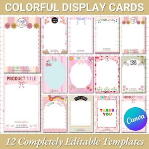 Puede incluir: Una colección de doce plantillas de tarjetas de visualización coloridas. Cada tarjeta presenta un diseño único con bordes decorativos, detalles florales y la opción de agregar un logotipo y un título de producto. Las tarjetas están diseñadas para redes sociales e incluyen el texto "Gracias" y "Canva".