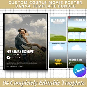 Plantilla de póster de película para parejas / Plantilla de Canva editable e imprimible / Póster con foto de regalo de aniversario personalizado / Póster de título de película para parejas DIY