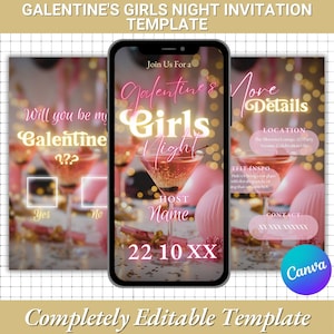 Editable Galentine&#39;s Girls Night Invitation Canva Template |Custom Valentines Party Invitation |DIY Girls Invite Dinner |Personalized Invite