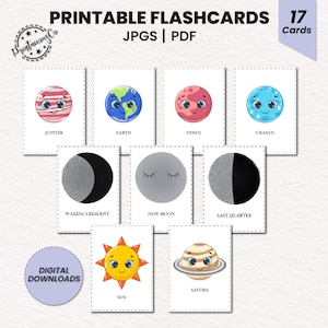 Flashcards do Sistema Solar para impressão | Cartões flash para crianças | Cartões Montessori | Cartão Pré-Escolar | Cartões educacionais para impressão | Decoração de sala de aula