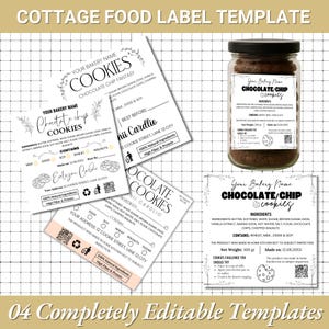 May include: A template for cottage food labels with the text "COOKIES" and "CHOCOLATE CHIP COOKIES". The labels include ingredient lists, net weight, and best-by dates. A jar of cookies is also shown.