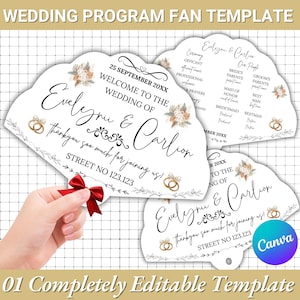 Könnte beinhalten: Hochzeitsprogramm-Fächervorlage mit dem Text "Evelyn & Carlion" und Hochzeitsdetails. Das Design umfasst florale Akzente, Eheringe und das Datum "25. September 20XX". Eine Hand hält eine rote Schleife.