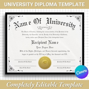 Editable University Diploma Template |Custom Canva College Diploma |Graduation Certificate Template |Degree Template |Completion Template