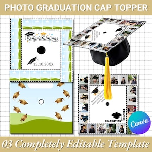 May include: A graduation cap with a yellow tassel and a photo collage design. The cap topper features a black mortarboard with a white surface, surrounded by photos. The image also includes editable templates with the text "Congratulations" and "Graduation".