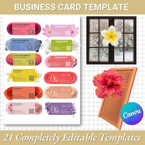 May include: A selection of business card templates with floral designs. The cards feature the name "Evelen Smith" and other contact information. The image also includes a window, a flower, and the text "21 Completely Editable Templates."