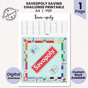 Puede incluir: Un juego de mesa imprimible Save-opoly con un fondo azul claro y casillas rojas, verdes y amarillas. El tablero de juego presenta un cartel rojo con el texto "Savopo/y" y un signo de interrogación con el texto "? 15 €". El tablero de juego también incluye una tabla con los números del 1 al 52 y la palabra "TOTAL".