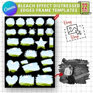 Bleach Effect Distressed Edge Canva Frames Bundle | Photo Collage Sublimation Design PNG | Drag & Drop Photo |Editable Template |Canva Fames
