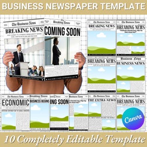 Pu&ograve; includere: Una raccolta di dieci modelli di giornale aziendale modificabili. I titoli includono "Breaking News", "Coming Soon" ed "Economic". I modelli presentano immagini e testo, con un logo Canva.