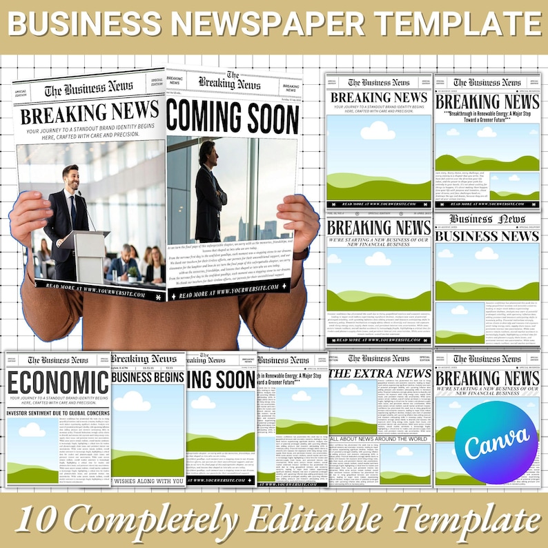 Pu&ograve; includere: Una raccolta di dieci modelli di giornale aziendale modificabili. I titoli includono "Breaking News", "Coming Soon" ed "Economic". I modelli presentano immagini e testo, con un logo Canva.