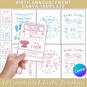 Birth Announcement Template |Editable + Printable Canva Template |Custom Newborn Welcome Card |Personalized Birth Stats Invitation Card