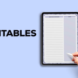 Puede incluir: Una tableta digital con fondo blanco y borde morado claro. La pantalla muestra un planificador digital con las palabras "Instrucciones/Comentarios" y "Notas" en la parte superior de las dos columnas. Una mano sostiene un l&aacute;piz blanco y escribe en la pantalla. El texto "EDITABLES" est&aacute; en negro en el lado izquierdo de la imagen.