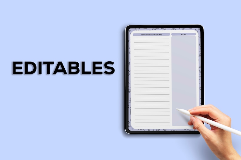 Puede incluir: Una tableta digital con fondo blanco y borde morado claro. La pantalla muestra un planificador digital con las palabras "Instrucciones/Comentarios" y "Notas" en la parte superior de las dos columnas. Una mano sostiene un l&aacute;piz blanco y escribe en la pantalla. El texto "EDITABLES" est&aacute; en negro en el lado izquierdo de la imagen.