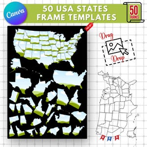 Editable 50 USA States Custom Canva Frame Templates | American States Frames | Make your own design | Canva Photo Frame Template | Popular
