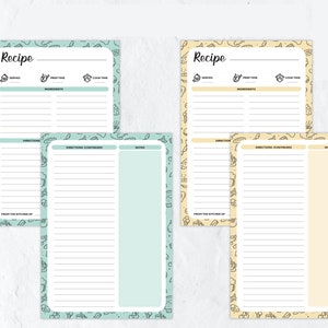 Puede incluir: Cuatro tarjetas de recetas imprimibles con fondo azul claro y amarillo. Cada tarjeta tiene el t&iacute;tulo "Receta" y secciones para porciones, tiempo de preparaci&oacute;n, tiempo de cocci&oacute;n, ingredientes, instrucciones, instrucciones continuadas y notas. Las tarjetas est&aacute;n decoradas con un patr&oacute;n de garabatos en blanco y negro de art&iacute;culos de comida.