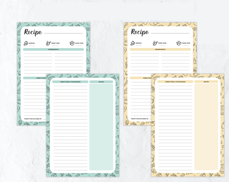 Puede incluir: Cuatro tarjetas de recetas imprimibles con fondo azul claro y amarillo. Cada tarjeta tiene el t&iacute;tulo "Receta" y secciones para porciones, tiempo de preparaci&oacute;n, tiempo de cocci&oacute;n, ingredientes, instrucciones, instrucciones continuadas y notas. Las tarjetas est&aacute;n decoradas con un patr&oacute;n de garabatos en blanco y negro de art&iacute;culos de comida.