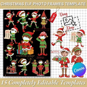 May include: A template featuring 15 Christmas elf photo frames. The design includes various elf illustrations in red and green outfits, with text overlays like "Santa's Nice List" and "Free Gift". The Canva logo is visible.