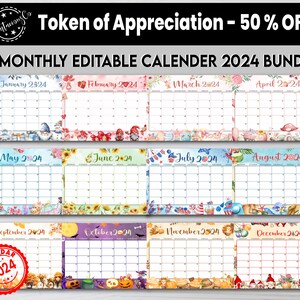Editable 2024 Wall Calendar Bundle: Printable Monthly Planner