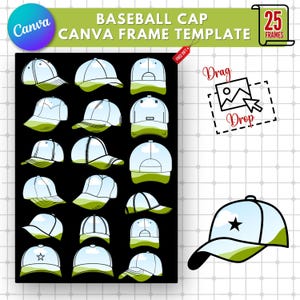 Könnte beinhalten: Ein Set mit 25 Baseballmützen-Rahmen für Canva. Die Rahmen sind in verschiedenen Farben und Stilen gehalten, darunter Schwarz, Weiß, Blau und Grün. Die Rahmen eignen sich perfekt, um Ihren Designs eine persönliche Note zu verleihen.
