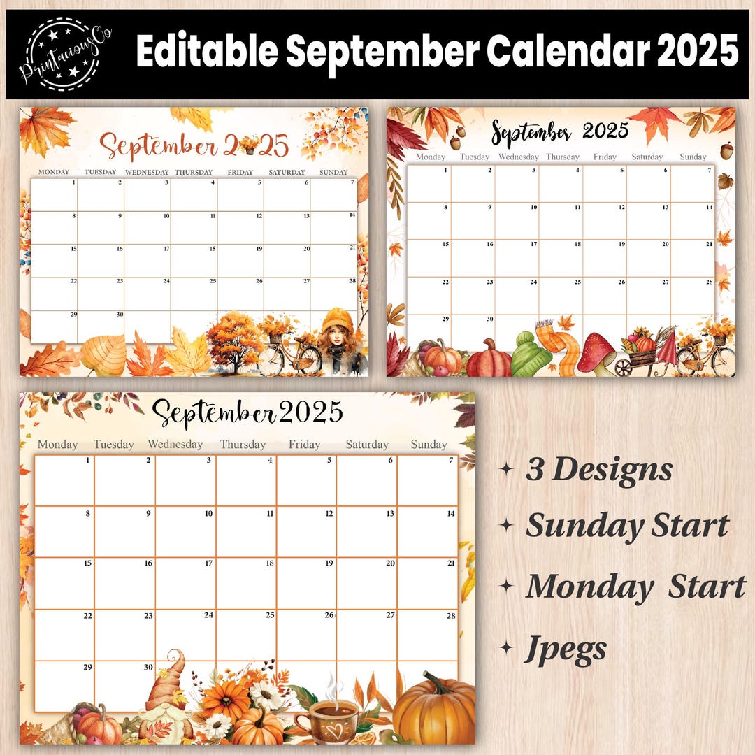 Editable September 2025 Calendar Printable Wall Calendar 2025 Fillable Monthly Planner Sunday & Monday Start Kids Calendar 2025 - Etsy september-2025-calendars-107-free-printables-printabulls