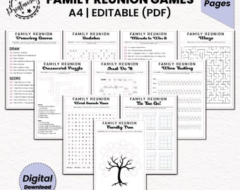 Juegos de reunión familiar editables: actividades de fiesta, trivia y búsqueda del tesoro (PDF)