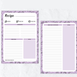 Puede incluir: Una plantilla de receta imprimible con un fondo morado claro y un patr&oacute;n de garabatos en blanco y negro de art&iacute;culos relacionados con la cocina. La plantilla tiene secciones para porciones, tiempo de preparaci&oacute;n, tiempo de cocci&oacute;n, ingredientes, instrucciones, notas e instrucciones continuadas.