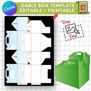 Könnte beinhalten: Eine druckbare Vorlage für eine Gable-Box mit Griff. Die Vorlage ist weiß mit blauen und grünen Akzenten. Die Vorlage ist editierbar und druckbar. Das Bild zeigt auch eine grüne Gable-Box.